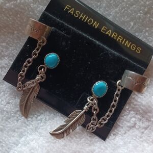 Turquoise Feather Chain Dangle Earrings